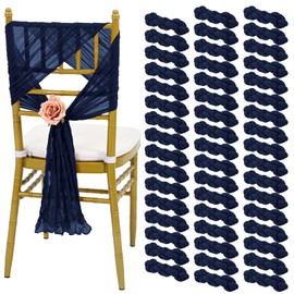 REWOMC 50 PCS Cheesecloth Chair Sashes, 15.7x70 inch Bows Designed Chair Sashes, Chair Cover Chair Sashes Decorations, Universal Chair Decoration for Wedding Reception Banquet Party (Navy Blue)