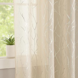 Kotile Shimmer Taupe Sheer Curtains 84 Inches Long 2 Panels Silver Tree Branch Sheer Window Curtains for Living Room, Grommet Privacy Light Filtering Metallic Patterned Window Drapes, 52 x 84 Inch
