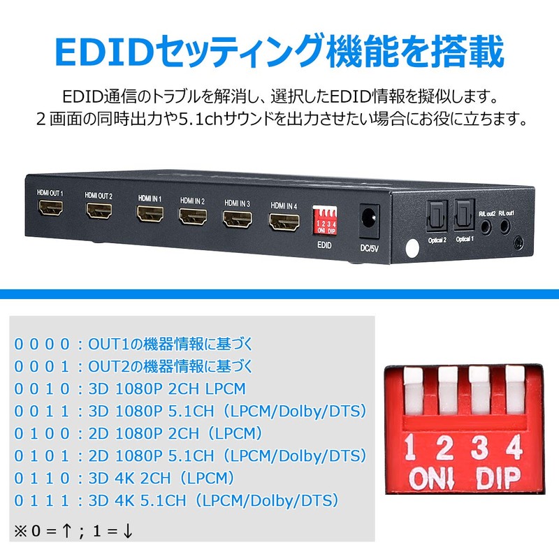 ELEVIEW EHD-626Y HDMI Matrix Selector, 4 Inputs, 2 Outputs, 4K60Hz,
