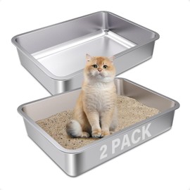 FUTAM Stainless Steel Litter Box 2 Pack,Small to Medium Litter Box for Kittens 17.5" x 13.5" x 4",Easy Clean Non Stick Easy Entry No Smell Metal Litterbox for Kitty/Rabbits