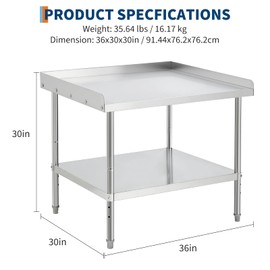 ExploreHorizon Equipment Grill Stand Table 36x30x30 Inch Stainless Steel NSF Certified 400 Lbs Capacity with Adjustable Legs, 2" Edge Baffle, for Hotel, Home, Commercial Restaurant Kitchen