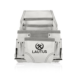 LAUTUS Oil Tanned Leather Tool Pouch Bag | WHITE| Carpenter, Construction, Framers, Handyman | 10 Pockets, 2 Hammer Holders | 100% LEATHER