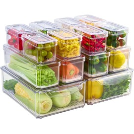 14 Pzs Organizador de refrigerador con Tapas,Organizadores de Nevera,Transparente,Sin BPA,Contenedores de Almacenamiento de frutas,con Bandeja de...  