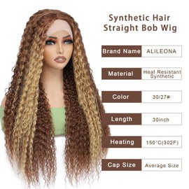 Alileona 13X4X1 Tpart Lace Highlight Blonde Deep Curly Synthetic Wigs For Black Women,Long Curly Synthetic Wigs Daily Parties Use(30INCH 30/27#)