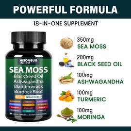Sea Moss Capsules with Sea Moss, Black Seed Oil, Ashwagandha, Bladderwrack, Burdock Root, Ginger, Vitamins C & D3, All in 1 Sea Moss Supplement for Immune System & Energy Support - 90 Capsules
