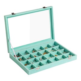 Frebeauty Velvet Jewelry Tray,24 Grid Jewelry Organizer with Clear Lid,Earring Holder Organizer with Clasp,Drawer Insert Rings Pendants Brooches,13.8 x 9.5 x 2 Inches,Gift for Women Girls(Turquoise)