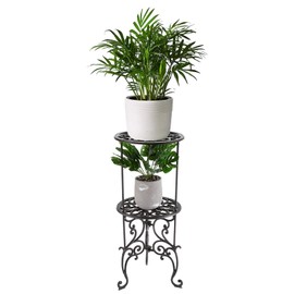 OwnMy Heavy Duty 2 Tiers Cast Iron Plant Stand, Vintage Iron Flower Pot Holder, 2 Layers Tall Decorative Potted Plants Stand Rack, Indoor Outdoor Large Plant Holder for Garden Patio, Retro-Brown