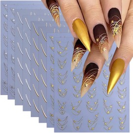 French Tip Nail Stickers for Nail Art 3D Self-Adhesive Gold Silver French Tip with Star Nail Stickers Simple Style Design Decals Manicure Tips Decoration Accessories for Women Daily Nails 8 Sheets
