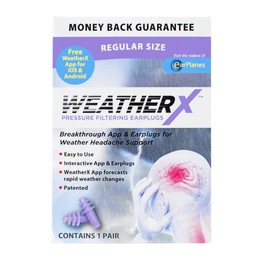 WeatherX Migraine Prevention– Pressure Filtering Earplugs for Shifts in Barometric Weather Pressure, Adult Size (1 Pair)