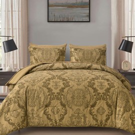 WONGS BEDDING Gold Comforter Set King Size, Damask Texture Design 7 Pieces Bed in a Bag Microfiber Comforter Bedding Sets -1 Comforter, 1 Flat Sheet, 1 Fitted Sheet, 2 Pillow Shams,2 Pillowcases