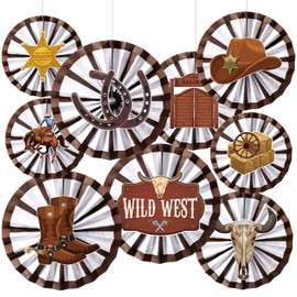 Affrolling 18 Pack Western Party Decorations Including 9 Pcs West Wooden Hanging Paper Fans and 9 Pcs Wagon Wheels Saddle Shorse Horseshoe Cowboy Hat Sticker for Wild Party Classroom Decorations