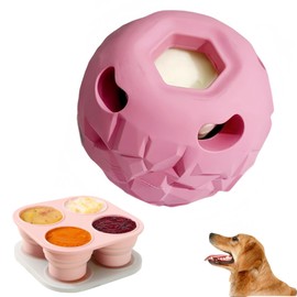 5-in-1 Dog Enrichment Toy – Bite & Brush Freeze Ball, Interactive Chew Toy for Large/Aggressive Chewers (25-85 lbs), Freezable Bone, Homemade Treat Dispenser & Easy to Clean, Diamond Pattern Pink