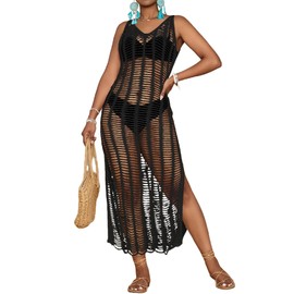 Bsubseach Women 2025 Hollow Out Sleeveless Bikini Swimsuit Cover Up Swimwear Deep V Neck Side Split Crochet Beach Dress Black S