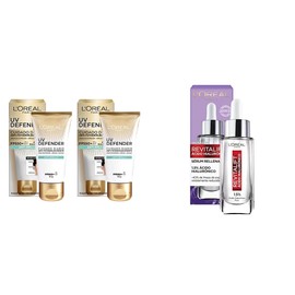 LOréal Paris Kit 2 Pack Protector Solar Anti-brillo, UV Defender  Serum Facial Anti Arrugas Acido Hialuronico Revitalift                              