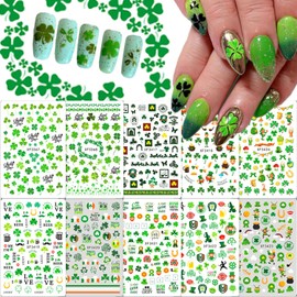 10 Sheets St. Patrick's Day Nail Stickers Self-Adhesive Lucky Shamrock Nail Art Stickers Green Four Leaf Clover Nail Decals Spring Summer Design Nail Supplies for DIY Saint Patrick's Day Nail Decor