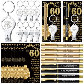 Zeyune 25 Set 60th Birthday Party Favors for Guests Multifunctional Bottle Opener Nail Clipper Keychains Ballpoint Pens with Thank You Cards Cheers to 60 Years Gift Anniversary Souvenir Supplies