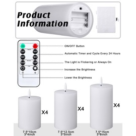 VIHOSE 12 Pack White Flameless Candles Set with Remote and Timer Flickering Flameless Battery Candles Flat Top LED Pillar for Wedding Outdoor Home Festival Decoration(D 3'' H 4'' 5'' 6'')