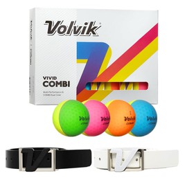 Volvik New Vivid Combi Dual Color Golf Balls 1 Dozen Bundle with Genuine Italian Real Solid Leather Belts (Black and White), Unisex
