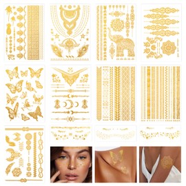 Festival Tattoos Gold 9 Sheets Gold Temporary Tattoos Metallic + 3 Sheets Golden Glitter Freckles Tattoo, Flash Tattoo Sticking Women for Festival Must Haves