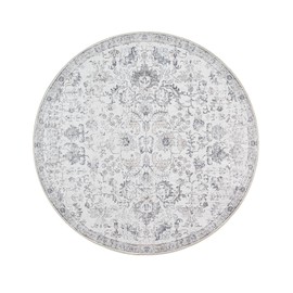 jinchan Round Rug 6ft Area Rug Washable Vintage Indoor Retro Floor Cover Distressed Gray Floral 6' Round Circle Boho Non Slip Thin Carpet for Living Room Dining Room Bedroom Kitchen Grey