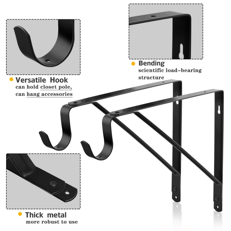 Closet Rod Bracket, Heavy Duty Shelf Bracket with Rod Holder,