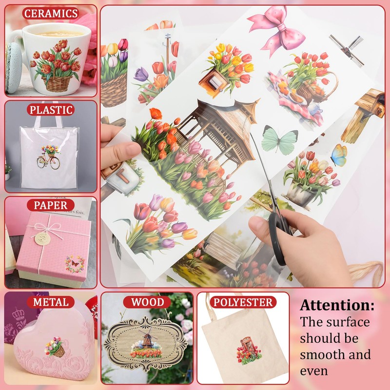 WANDIC 6 Pcs Tulips Rub On Transfer Sticker,Spring Scenery Stickers
