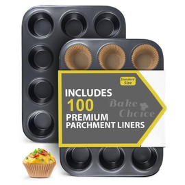 2 Pack Muffin Pan for Baking, Standard Cupcake Pan includes 100 Natural Cupcake Liners, Muffin Tin Nonstick 12 Cup, Baking Pans Set, Carbon Steel Baking Supplies
