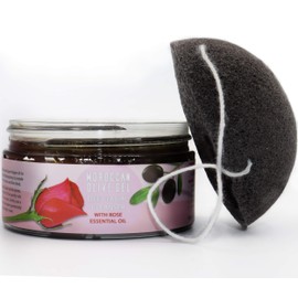 AL HOOR Moroccan Olive Facial Scrub Cleanser With Rose - For Oily Skin Acne Treatment + Konjac Exfoliating Sponge