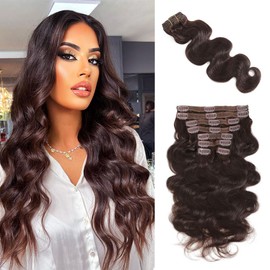 AIWET Wavy Clip in Hair Extensions 100% Real Human Hair 8Pcs 140g Body Wave Human Hair Clip in Extensions for Short and Thin Hair Dark Brown Human Hair Extensions for Women (#2,24 Inch)