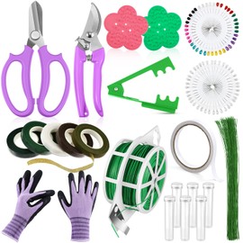 WILLBOND 121 Pcs Floral Arrangement Tool Kit Rose Thorn Remover Tree Pruner Cordless Trimmer Floral Gloves 22 Gauge Paddle Wire 26 Gauge Stem Wire Pearl Corsage Pin Pruning Shears(Fresh Color)