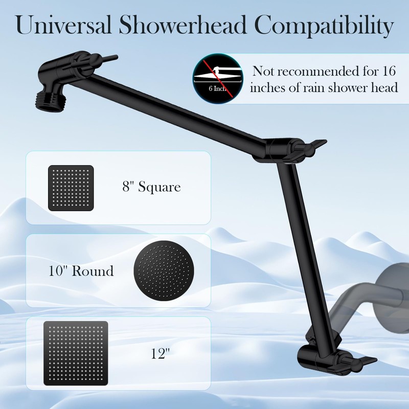 Rain Shower Head Extension Arm, 16 Inch Joint Metal Shower