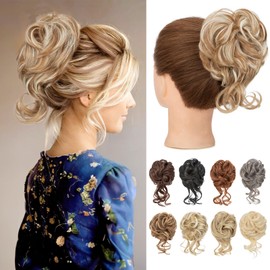 Benehair Messy Bun Hair Piece Wavy Curly Claw Clip Hair Bun Extensions Synthetic Hair Bun Donut Accessories Scrunchies Hair Pieces for Women(Blonde mix White Blonde, 75g)