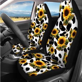 Dngkaoje Sunflower Cow Print Car Seat Cover Full Set for Front and Back,13 Pcs Sunflower Automotive Accessories Set Cute Cow Print Armrest Cover Protector, Seat Belt Pads,Handbrake Shift Covers