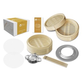 Bamboo Steamer 11-inch 2 Tier Dumpling Steamer Basket with Lid & 4 Chopsticks, Reusable Silicone Liners,Ring Adapter, Bun, Dim Sum, Rice Potsticker Steaming Chinese Asian Food & Vegetables, Fish, Meat.