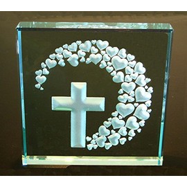 Cross & Hearts: Hand Carved Etched Glass Paperweight