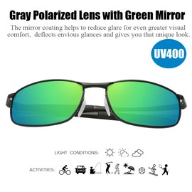 ZHILE Polarized Sunglasses for Men, 8-base Curve Wrap Metal Frame for Fishing Sporting Driving with Sunglasses Case (Black frame Gray lens with Green Mirrored, 57)