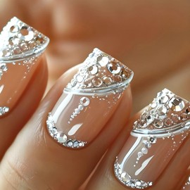 24Pcs Bling Press on Nails Medium Square Fake Nails Silver Glitter Curve Line Design False Nails Rhinestone Glue on Nails Sparkly Full Cover Acrylic Stick on Nails for Coquette Women Girls