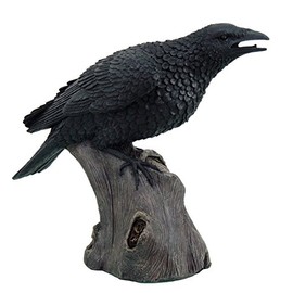 Large 14" Tall Black Raven Crow Bird on Tree Stump Statue Figurine Stalking Dying Prey