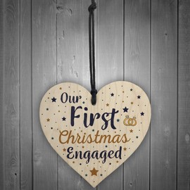 RED OCEAN First Christmas Engaged Wooden Xmas Tree Decoration Heart Bauble Fiance Gift For Her Boyfriend Girlfriend