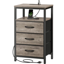 Huuger Nightstand with Charging Station, 27.6 Inch End Table Bedside Table with USB Ports and Outlets, Night Stand for Bedroom, Fabric Drawers, Oak