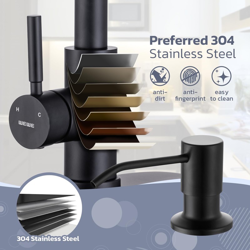 WEWE Black Kitchen Faucet with Soap Dispenser, Kitchen Sink Faucet