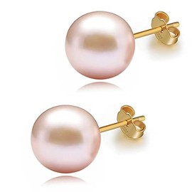 pink pearl 18K Gold stud Earrings for women Ladies Girl，Handpicked Genuine Freshwater aquaculture Cultured AAAA+ Pearls. (pink-10mm)