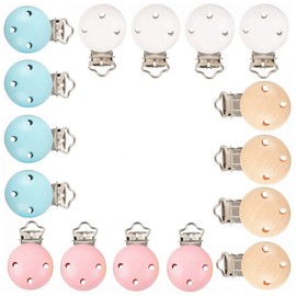 Kiwochy Pack of 16 Wooden Dummy Clip Natural Wooden Dummy Chains Clips Made of High-Quality Wood Metal Wood Baby Dummy Clips Infant Dummy Clasps Holder Accessories 1.77 x 1.18 Inches 4 Colours