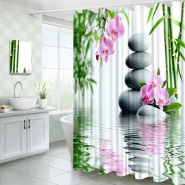 YOZSLGU Zen Stone Shower Curtain Japanese Spa Garden Bamboo Leaves Flowers Asian Meditation Fabric Bathroom Decor Curtains with Hooks, 70" Wx70 H