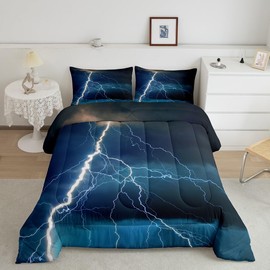 White Lightning Comforter Set Queen Kids Boys Teens Lightning Storm Room Decor Natural Weather Bedding Set,Soft Lightweight Blue Sky Duvet,Youth Young Man Quilt,1 Comforter + 2 Pillowcase