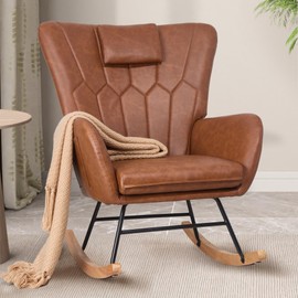 VECELO Rocking Chair Nursery with Thick Headrest, Modern Teddy Upholstered Reading Glider Rocker Accent Armchair with High Backrest, Padded Seat, Side Pocket, for LivingRoom, Bedroom, Baby Room, Brown