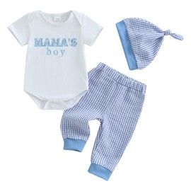 XIXIMAON Baby Boy Spring Mother’s Day Outfit Short Sleeve Mama’s Boy Letter Embroidery Romper Plaid Long Pants Hat 3pcs Set Newborn Summer Clothes (Blue, 0-3 Months)