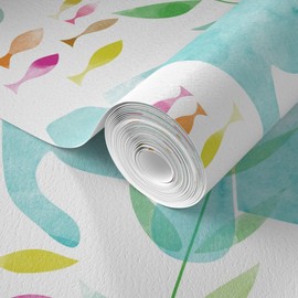 Commercial Grade Wallpaper Swatch - Manatees Small Scale Turquoise Baby Nursery Florida Manatee Ocean Traditional Wallpaper by Spoonflower