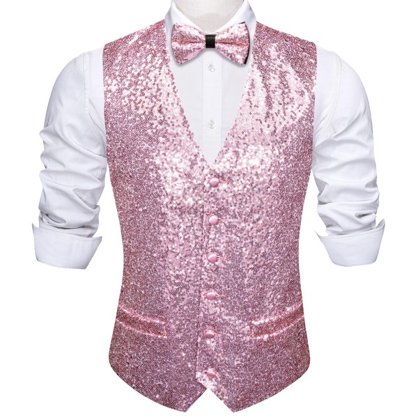Barry.Wang Mens Sequins Vest Set V-neck Shiny Waistcoat Bowtie Set