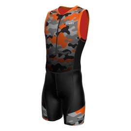 Sparx Men`s Triathlon Suit Trisuit Race Skinsuit Cycling Speed Suit Italian Fabric Swimskin (Orange_Camo_XL)